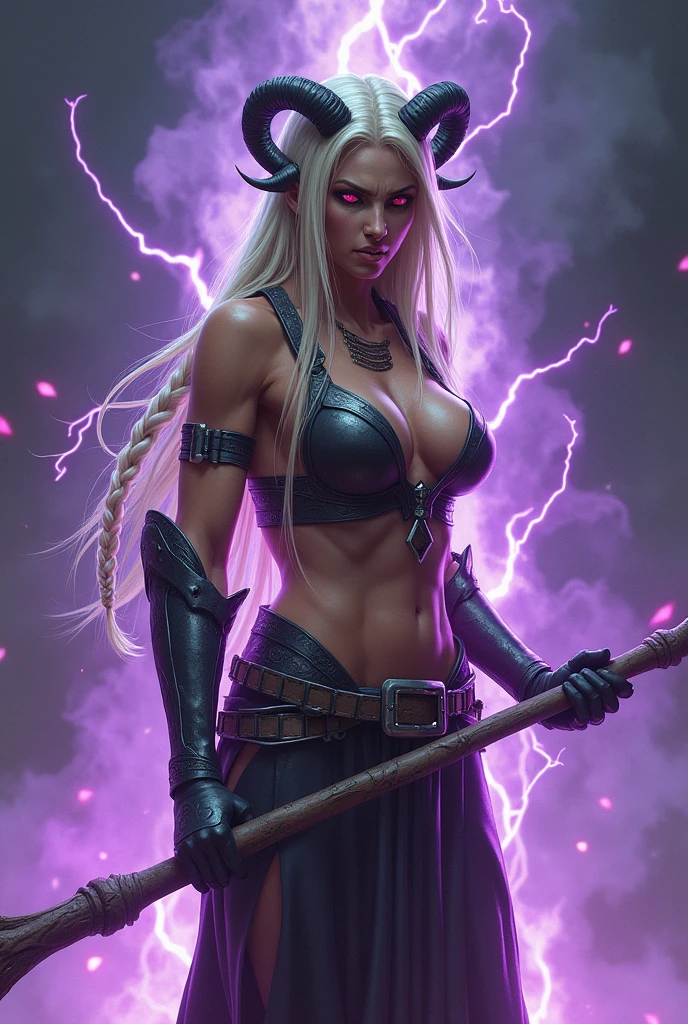 very old woman of 80 years ,with many wrinkles on the skin,She is a warrior goddess,with very long straight hair with braids, bun and blonde bangs,con armadura very sexy minimalista,Fitness ass,cuolna,very big tight tits,minimalist set,with a powerful staff,red eyes,eyes thickly lined with black,With horns,very sexy,very skinny body,too thin waist,ass with thong,posing sideways,LOOKING AT THE SPECTATOR,surrounded by magical energy,surrounded by violet fire and electric rays,with a furious face of anger,showing teeth with great fury and anger,Real photo,human photo,photo without animation,Real photoista,non-animated photo,posing on the back,LOOKING AT THE SPECTATOR,ass with thong pequeña very sexy,posing sexy.showing your ass to the viewer.