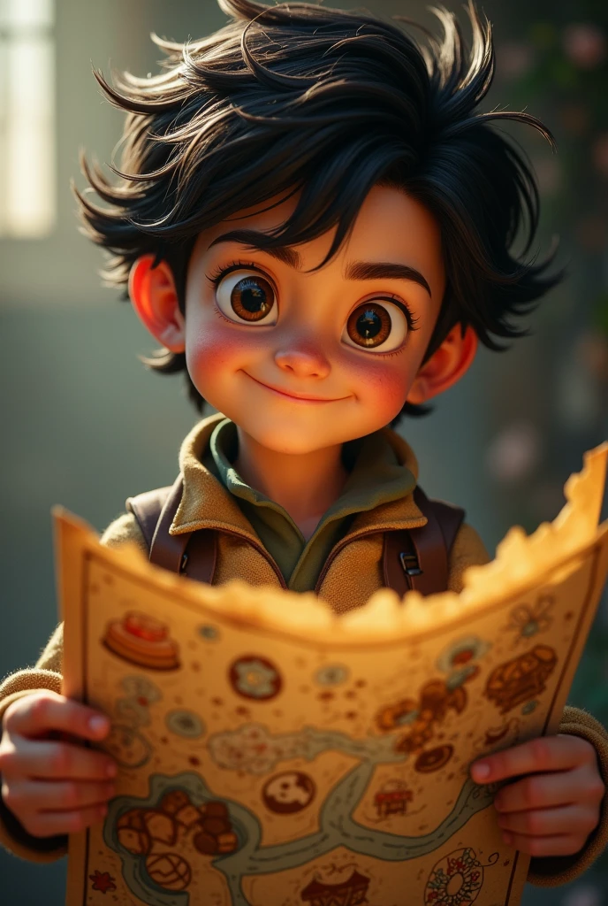 prompt (Spanish): Close-up of Mateo with a mischievous expression, holding an old map full of drawings of sweets and secret routes.
prompt (English): Close-up of Mateo with a mischievous expression, holding an old map filled with drawings of candies and secret routes