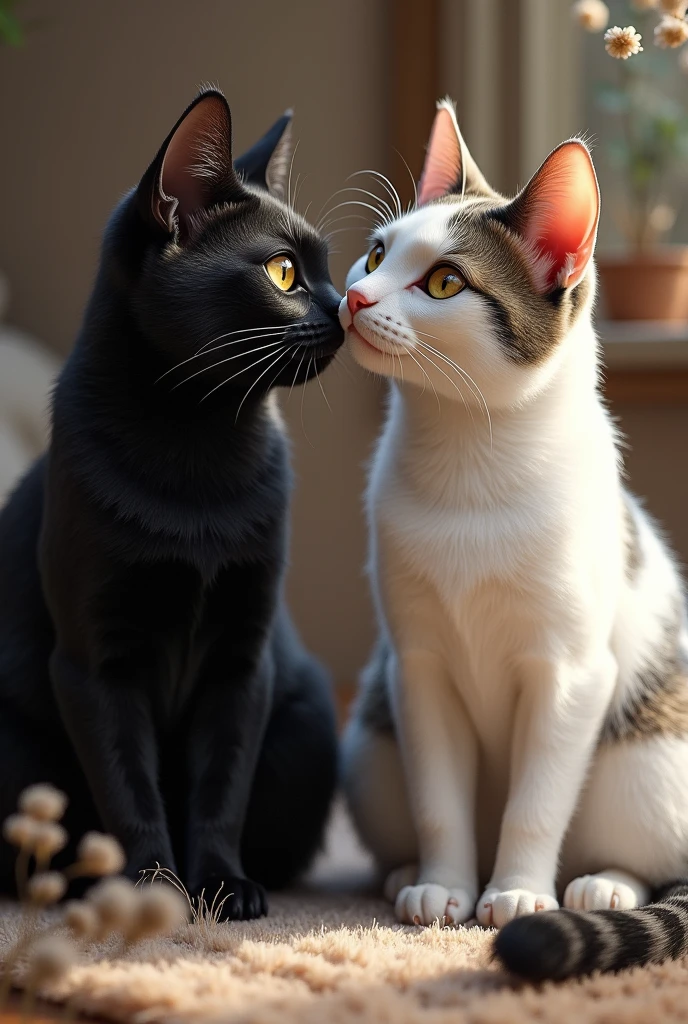 Black cat and tabby cat with white