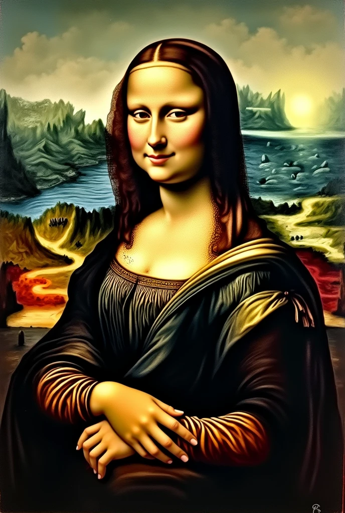"A reimagined version of the Mona Lisa, where the effects of global warming are evident. The famous smile remains, but the background landscape is drastically altered. The once lush greenery is now a dry, cracked earth with wilted, dying plants. The sky behind her is filled with dark, swirling clouds and a blazing sun, symbolizing extreme heat. Her iconic clothing appears slightly weathered, as if affected by the harsh environment. The overall mood of the painting conveys the impact of climate change on the world, subtly affecting even this timeless masterpiece."