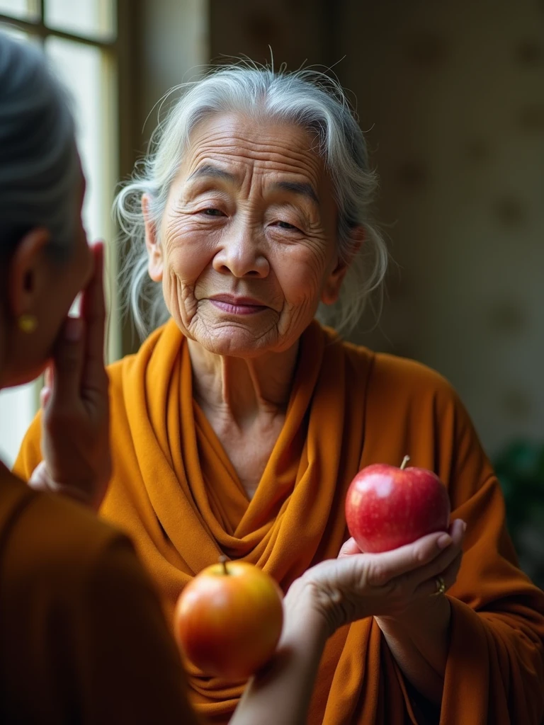 The same elderly Buddhist woman stands in front of a small mirror, gently touching her face as she talks about how certain fruits can help maintain youthfulness and vitality. She holds a papaya and an apple in her hands, highlighting their roles in keeping skin healthy and radiant. Her peaceful expression reflects her belief in the natural beauty that comes from within. The room is softly lit, with a tranquil atmosphere that mirrors the inner peace she promotes.