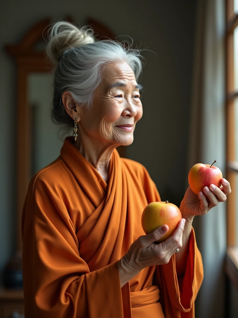 The same elderly Buddhist woman stands in front of a small mirror, gently touching her face as she talks about how certain fruits can help maintain youthfulness and vitality. She holds a papaya and an apple in her hands, highlighting their roles in keeping skin healthy and radiant. Her peaceful expression reflects her belief in the natural beauty that comes from within. The room is softly lit, with a tranquil atmosphere that mirrors the inner peace she promotes.