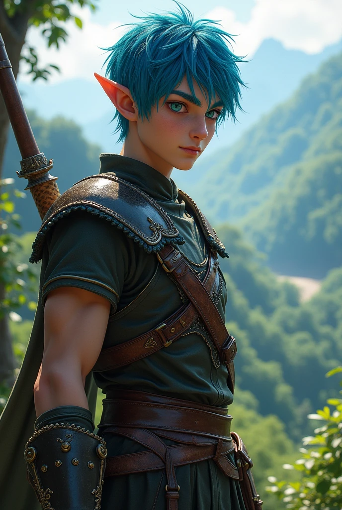 half elf male warrior with short blue hair and young