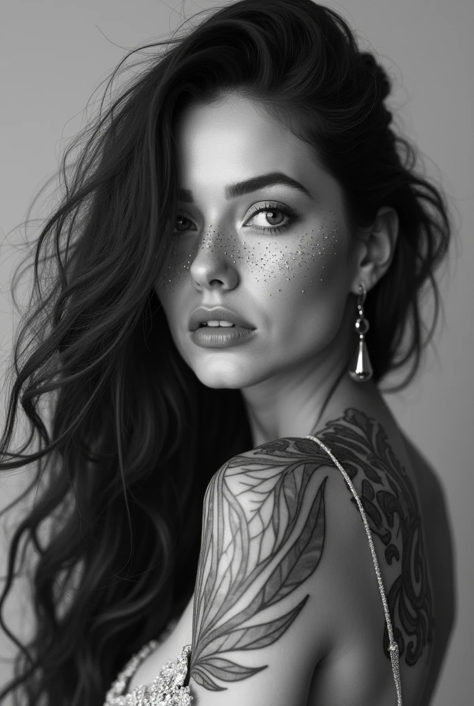 A hyper-realistic black and white portrait of a woman with freckles and long hair, featuring detailed tattoos and jewelry.