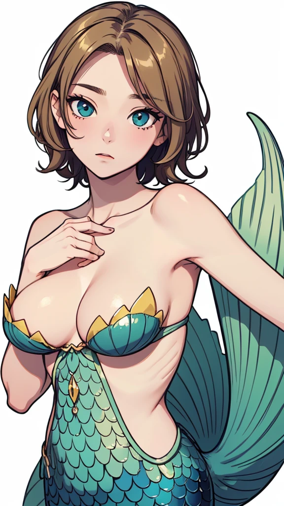 (masterpiece, best quality, ultra highres, 1 girl, solo, no background))), super detailed skin and face and eyes and finger, beautiful mermaid woman, small breasts:1.5, skinny, light brown hair, very short hair,pixie haircut, knee shot, white background, 2D anime, boyish, Various expression, Various poses, 