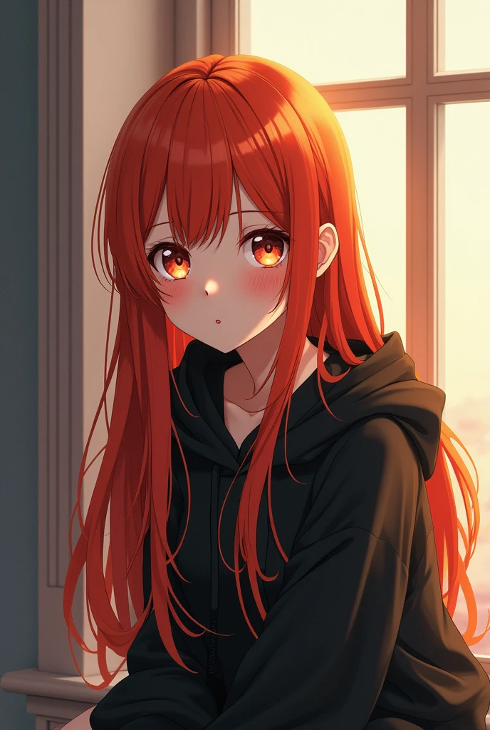 (photorealism:1.2), there is a woman with red hair sitting on a window sill, anime girl with long hair, ilya kuvshinov with long hair, with red hair, red haired girl, she has red hair, red hair girl, beautiful anime portrait, beautiful anime girl, with long red hair, she has long redorange hair, in a black hoodie, portrait anime girl