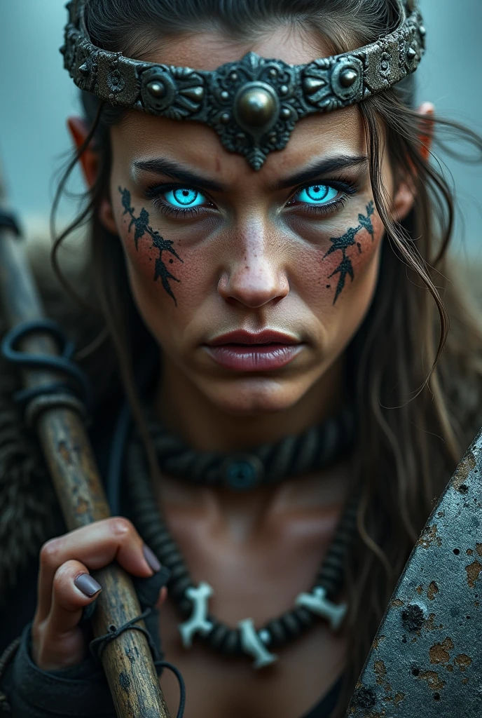 Close up face beautiful viking woman, axe and shield in hand , strong blue light in the eyes, war crown , tribal design on the eyes, Angry, bone necklace around the neck, battle armor, with hate, focused