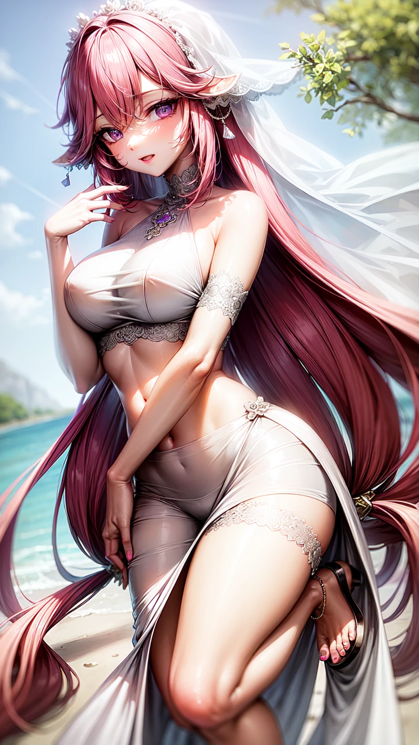purple eyes,Wedding dress,long skirt,crop top,pink hair
