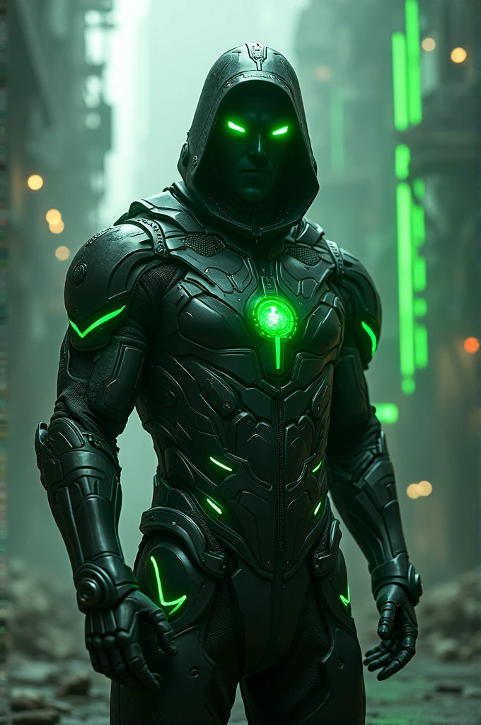 A man in a green glowing metal jacket with a black iron helmet covering his face with his eyes glowing green