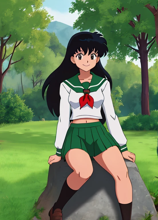 kagome, 1girl, solo, long_hair, looking_at_viewer, smile, bangs, black_hair, long_sleeves, navel, brown_eyes, sitting, school_uniform, thighs, pleated_skirt, outdoors , day, miniskirt, sailor_collar, tree, neckerchief, grass, green_skirt, nature, red_neckerchief, green_sailor_collar
