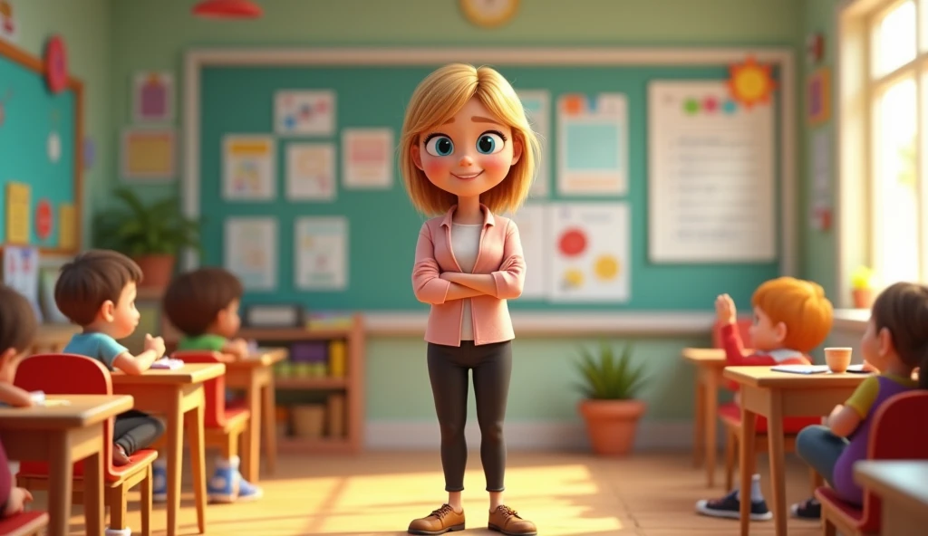 Seed Number: 12 - A teacher with 4 blonde hair, medium size on the shoulders, blue eyes, black pants, light pink blouse, brown shoes. She is in a kindergarten classroom, a colorful and fun place.  Consistent character, pixar style