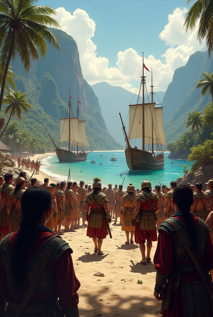 Spanish conquistadors arriving in America where the indigenous people