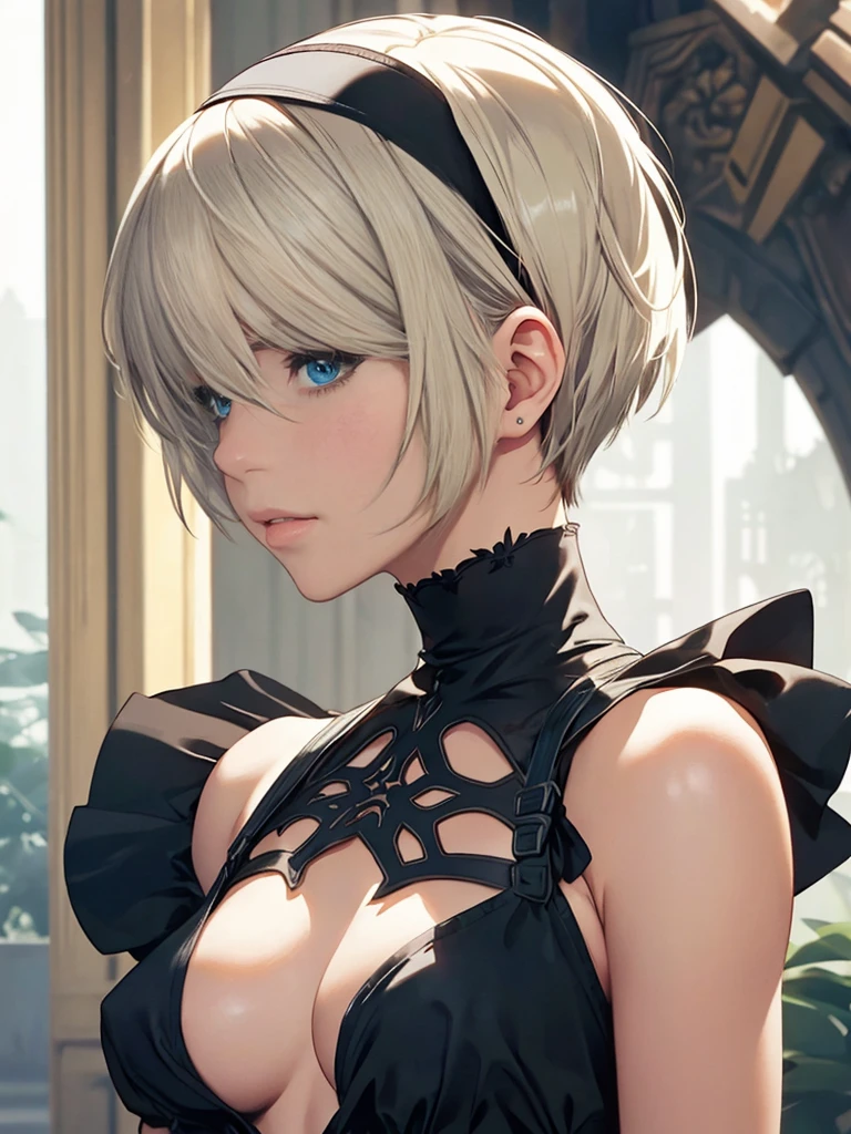 {(masterpiece,best quality, 16K portrait, UHD, extremely detailed the work, detailed beautiful face and eyes and skin and hair)} 
BREAK {(ultra realistic photo graphic style:1.2)} 
BREAK {solo,(2B of Nier-Automa:1.4), (lightbrown-lightwhite colored hair:1.4, short cut hair), (medium mouth),(narrow and sharp eyes),(attractive blue-glay eyes:1.4),(left-eye hidden by bangs:1.2),(slender body:1.2),(small breasts:1.4),captivating lips} 
BREAK {(Nier-Automata-2B costume:1.2),(cleavage between breasts:1.2),(hairband)} 
BREAK {profile,gravure-model pose:1.2}