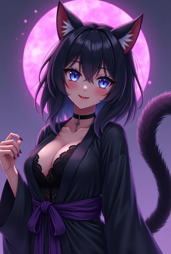 furry cat girl, anime western style art, small cat ears, fur covered succubus tail, medium sized breasts, blue slightly violet colored cat eyes, thin slit irises, thin iris, violet mist aura, small closed lip smile, body, black kimono laced with dark purple linen, angle on the left side, furry body, black fur, violet claws, furry person, paws, cat face, muzzle, Japanese background, paws, demonic violet aura, long hair, silky hair, straight hair, black fur covering entire body, Multiple tails, small purple demon horns, toe-beans on paws, purple claws, visible paw pads, cute, magical violet aura, black fur, purple gemstone kimono, 9 cat tails. Furry Wings, Medium sized Wings, flying, camera facing the back, back visible.