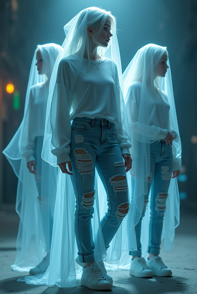 Ghosts wearing modern and casual outfits, a different outfit for each ghost and they are posing as models in a spooky but fun and very striking or cool environment 