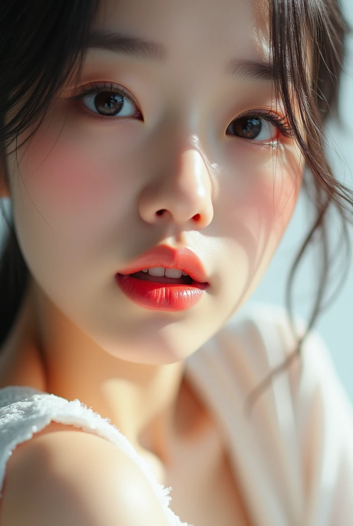 Japanese、Natural Skin、Flawless, She has smooth skin and a gentle yet seductive expression.、Design a breathtaking female close-up. The lips are soft and slightly curved., A smile that is barely visible suggests something deeper, tongueを出している、She tilts her head upwards, It gives an elegant and calm impression.. background should be white, Emphasize her elegance."tongue, tongueを出す, Open your mouth a little, 