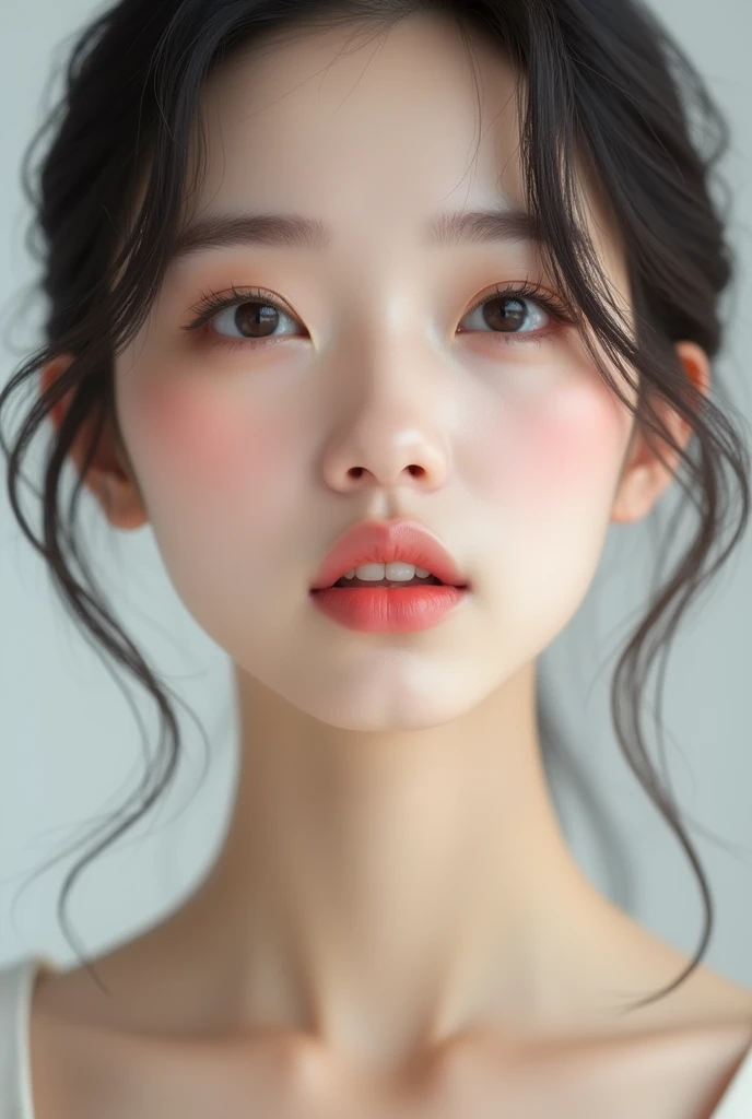 Japanese、Natural Skin、Flawless, She has smooth skin and a gentle yet seductive expression.、Design a breathtaking female close-up. The lips are soft and slightly curved., A smile that is barely visible suggests something deeper, tongueを出している、She tilts her head upwards, It gives an elegant and calm impression.. background should be white, Emphasize her elegance."tongue, tongueを出す, Open your mouth a little,