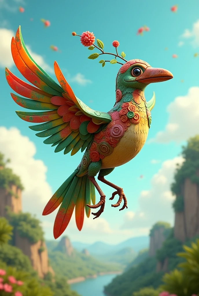Animated tilonorinco bird made from parts of recyclable things