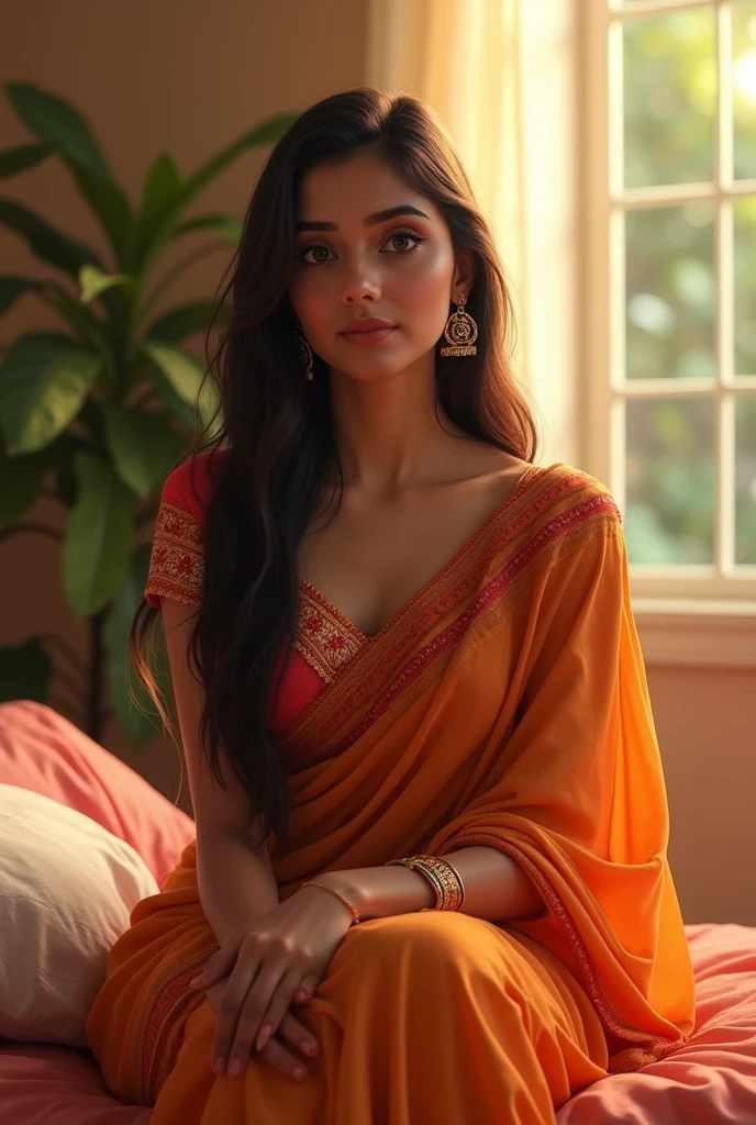 (photorealism:1.2), beautiful bhabhi , sitting on bed, wearing hot saree, showing blause cleavage , long straight hair, indoors, soft lighting, plants in background, window with sunlight, cozy room, relaxed pose, realistic, intricate details, warm colors,