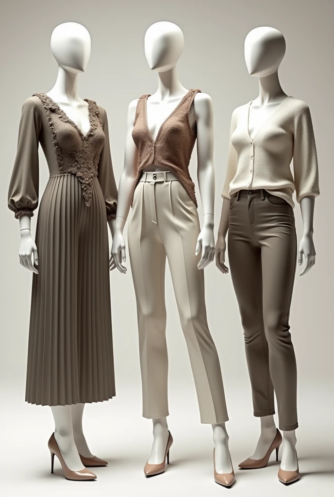 3 mannequins with girls' outfits, dresses and pants