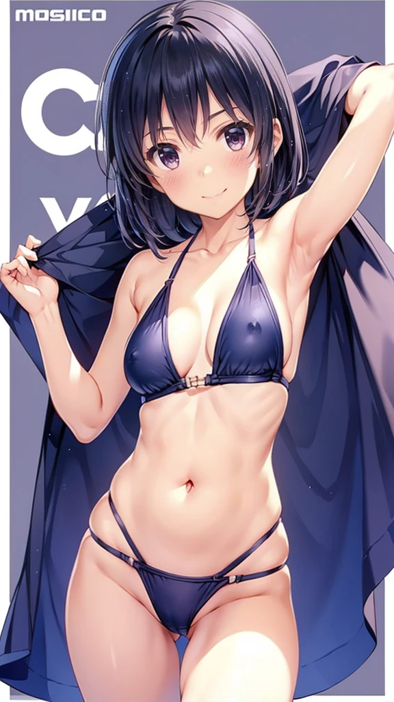 1 girl、A beautiful girl with very short black hair is staring at me.、Cute like an idol、Baby Face、Gentle expression、thin、small but well-shaped breasts,、Anatomically correct、Accurate limbs、Accurate Fingers、Healthy Thighs、Manji High School Swimsuit、Her cleavage is visible.、The dough is thin、The nipples are plump.、High leg swimsuit、Western Shot、masterpiece、