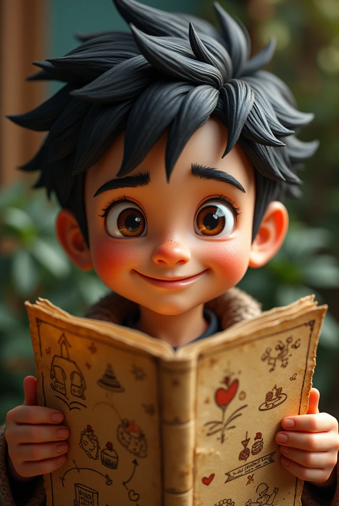 prompt (Spanish): Close-up of Mateo with a mischievous expression, holding an old map full of drawings of sweets and secret routes.
prompt (English): Close-up of Mateo with a mischievous expression, holding an old map filled with drawings of candies and secret routes