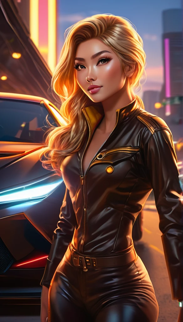 A young woman wearing (tight, fit, comfort) 高腰短裤and短款衬衫站在两者之间 (powerful, seeds) The muscle car starts racing, engine roar, Against the backdrop of a beautiful sunset. (Best Quality, 4k, High resolution, masterpiece:1.2), extremely detailed, (practical, photopractical, photo-practical:1.37) Quickly, and (HdR, ultra high definition) 质量and (studio lighting, clear focus), High ponytail, copper blonde hair, big breasts, bright light, Perfect eyes, Skin blemishes, delicate skin, All the people, light black makeup,Both 1 brown eyes full body