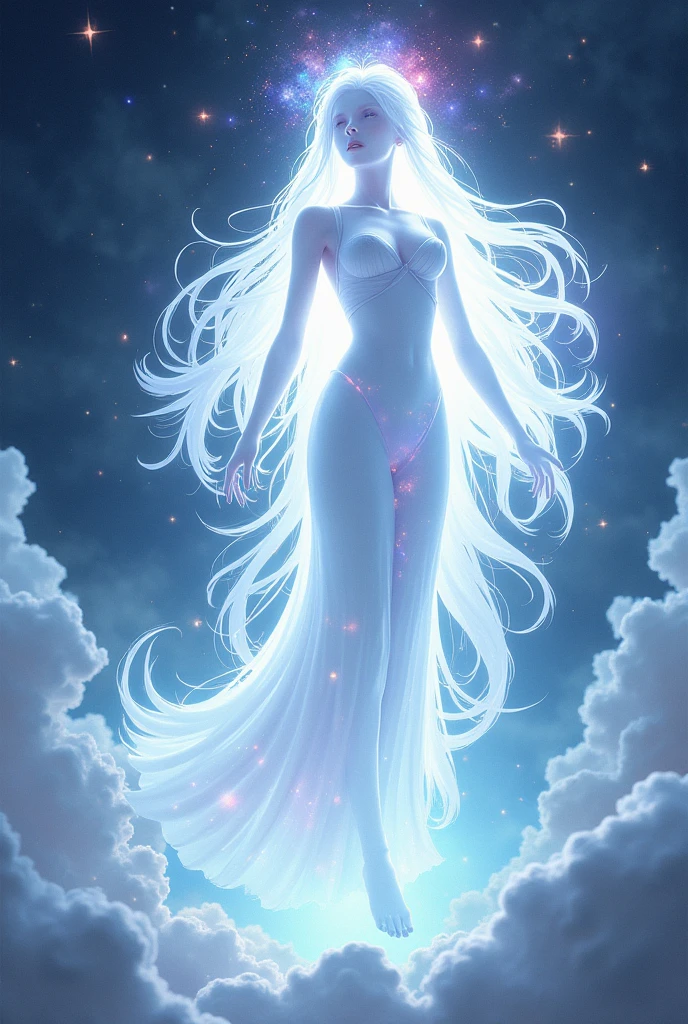 Luminous white silhouette, silhouette of a long luminous white hair,In the hair the Multiple multicolored Bright Cosmic eggs , Galaxies atmosphere, divine power, anime style.