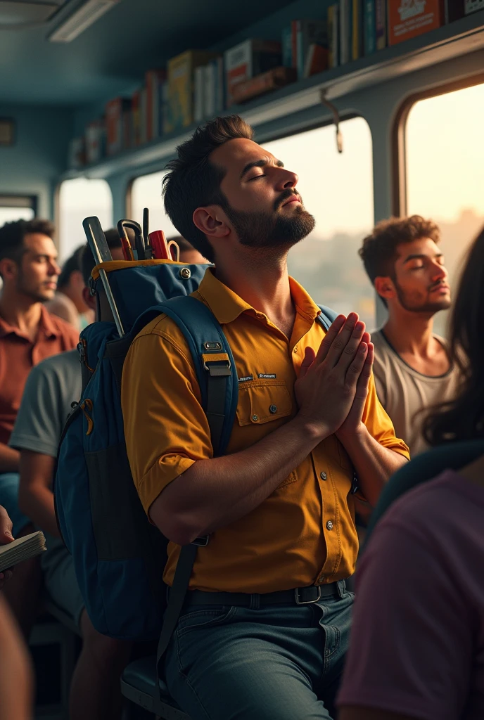 Please create a very realistic image of a man., middle aged brunette, with eyes closed, praying with hands joined and head raised to the heavens, In your hands is your work card with a blue cover issued by the Brazilian Ministry of Labor. . While he prays inside the bus, even with the bus full, people follow their sleeping routine, reading a book , chatting, watching the landscape through the bus window, the backpack that the worker carries on his back shows his work tools, such as a bricklayer's trowel, slightly visible, chaves e alicates.
