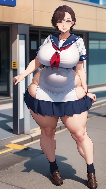 Large Breasts, Big Hips,Full Body Shot, Mature mother, Whipping the lower body, plump thighs, Ample calves, Seductive mature woman, Perfect body, Plus Size Model,high school girl,Sailor suit, The skirt is short,Mature woman wearing Sailor suit,