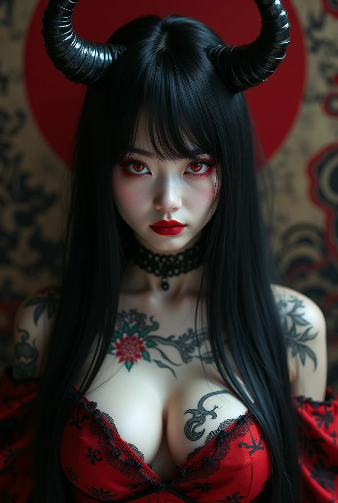 A girl with long loose black hair, crimson red eyes. Deep red lipstick, red eye shadow , very big breasts, black demon horns, upper body with geisha clothes , big breasts, portrait, Masterpiece, Best quality, gif,1 girl, Solo, Natural skin texture, Realistic black eyes and facial details :5),(Dark :1. 4), Deep shadows, Extremely detailed beauty, Detailed eyes and face, sharp black eyes, Red lipstick, No black eyeliner, Detailed Gothic costumes, pony tails, Black hair, nikon d850 film, Surreal, Authentic textures, Dramatic, lighting, illusory engine, (facial clarity :1). 5), (Transparent clothes :1); 1) Gothic style, Black lace, tattoo. Japanese girl with more or less long black hair with bangs and red highlights, e sexy, Lady,Red hair,dress,beautiful,anime,tattoo, face portrait, close up, big beautiful detailed eyes, ulzzang, art nouveau, candy, sweets, tattoo background pattern, tapestry, backlit, neon palette, red eyes,