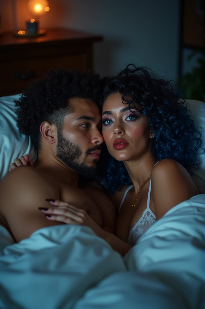 Two people snuggling together in bed watching a movie Caucasian-Hispanic mix women, with deep wave curls black hair with, light blue dark blue and blonde combined together blue eyes, Instagram model, black makeup long lashes, big lips, red lipstick nose pierced 30k wearing a lace nightie and a A tan southern man with a chiseled jawline with hazel green eyes with black short curly hair with a fade with a stubble beard snuggles before bed