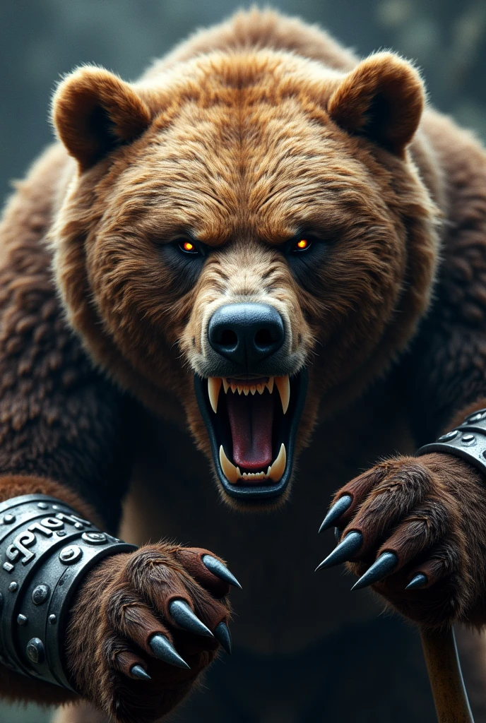 close up face angry warrior bear, claws showing, attacking, viking armor, attacking com a pata, ax