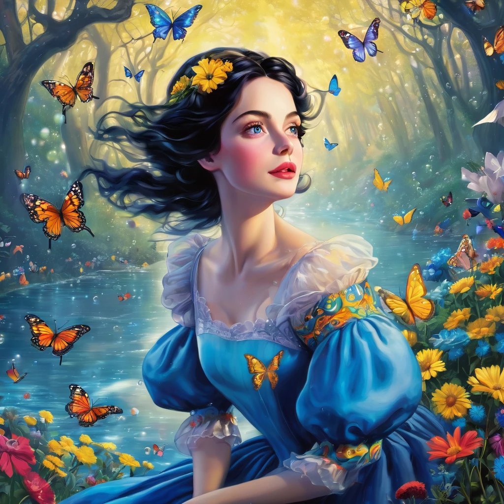 A woman, Alice in the wonderland but in snow white version, whimsical surround of forests, wave, joyful, humour, curious or playful,any kind of flowers, bubbles surrounding, birds and butterflies, river, bubble, scattered flowers, niji, journey, vibrant colour and gray, hyperreal, cosmos, teatime party,
abstract, posed, sinister, colourful, tears, handsome, unique, enchanted, beautiful, fantastic, perfect face expressions joyful, perfect surroundings, perfect butterfly, neo impressionist art, Victorian style, great shadow, dreamshaper xl lightning,Sdxl XL lightning, epic, dark blue background, 8k resolution, 4k, HD, high quality, masterpiece, sharp focus, enigmatic, shape, BREAK, aura, ghostmix, intriguing, drama, breaking through, lamplight, high solution, light, bright, smooth, soft,