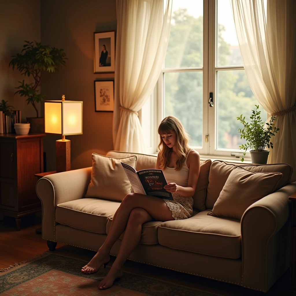 Taylor Swift is sitting on a sofa in a beautiful room, a beautiful light is coming in from the window, while Ali izadbakhsh 2024 wood artist is reading a magazine, the cover of which says next to her, a wooden lampshade, square, with a black cap, rectangular color