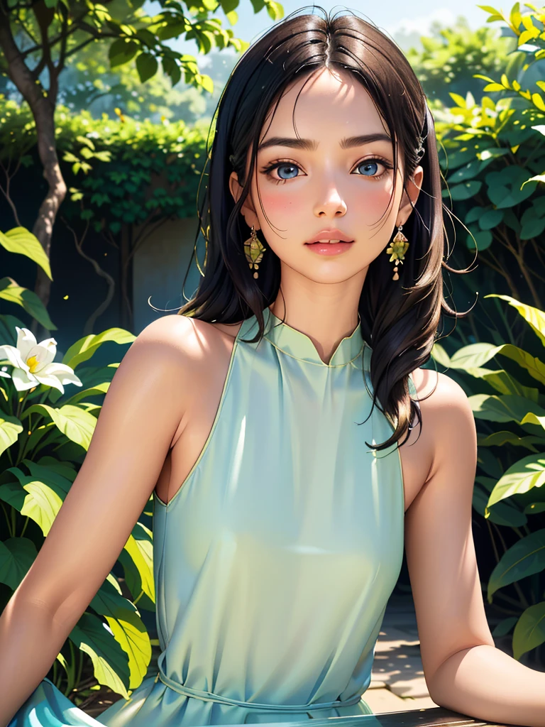 (best quality,4k,8k,highres,masterpiece:1.2),ultra-detailed,(realistic,photorealistic,photo-realistic:1.37),beautiful detailed eyes,beautiful detailed face,flowing curly hair,vibrant colors,soft lighting,dreamy atmosphere,summer garden,blooming flowers,gentle breeze,illustration,HD,studio lighting,portraits,pastel color palette,warm sunlight,airy feeling,peaceful environment,lush foliage,subtle shadows,dappled light,magical ambiance,serene mood,graceful movement,delicate petals,blurred background,elegant posture,harmonious composition,vivid hues,tranquil scene,nature-inspired,ethereal beauty,serene expression,delightful summer day