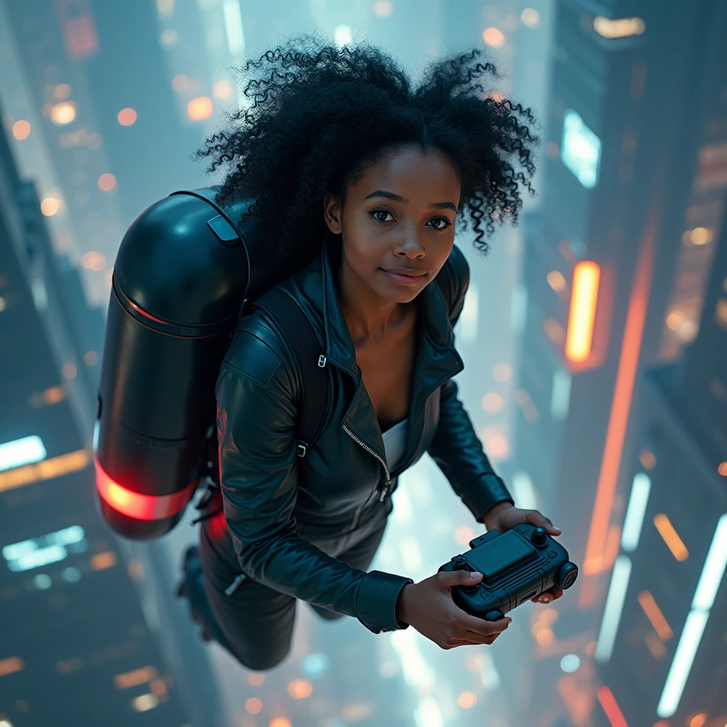 realistic photo of a (pretty girl, 20 years old, brunette, black eyes) flaying using at her bac a jetpack with a big capsule atached at side as a sidecar, (full lips) , ((perfect face)), [[mild smile]], proportionate body,mixed herritage, beautyfull, beautyfull face, tanned skin, two arms, two legs, five fingers by hand, full body, (softly curly black long hair but non-afro), girl flaying with a self-propeled bakcpack at her back, jet-backpack with a closed capsule atached , reinforced pants, jackets, goggles, rc device at hands, girl flying over a cyberpunk city using a jetpack, night, modern buildings, photo taken from back, realistic photo, canon, 
