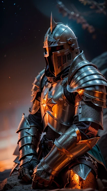 a templar knight kneeling behind a rock, detailed face, detailed armor, detailed knight, bottom view, night scene, dark sky, orange glow from fire, dark ambience, poor lighting, HDR, UHD, realistic, photorealistic, physically-based rendering, masterpiece, ultra-detailed, sharp focus, vivid colors, studio lighting, dramatic lighting