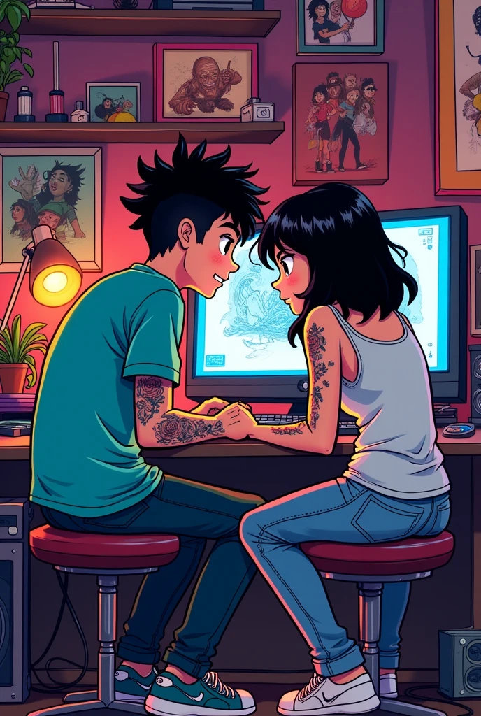 Create a 90s cartoon image of a couple designing something on a computer in a music and art studio., the hiphop style boy and the gothic style girl, that the design is a punk illustration type, the two tattooed and white