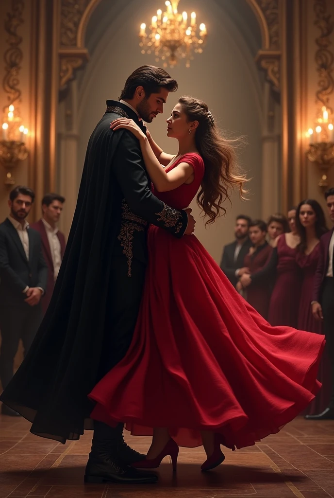 unknown prince of stunnig beauty and young beautiful woman, dancing in dark castel while everyone is watching them in envy way, red dress, dark