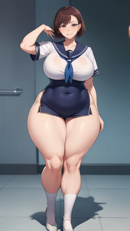 Large Breasts, Big Hips,Full Body Shot, Mature mother, Whipping the lower body, plump thighs, Ample calves, Seductive mature woman, Perfect body, Plus Size Model,high school girl,Sailor suit, The skirt is short,Mature woman wearing Sailor suit,