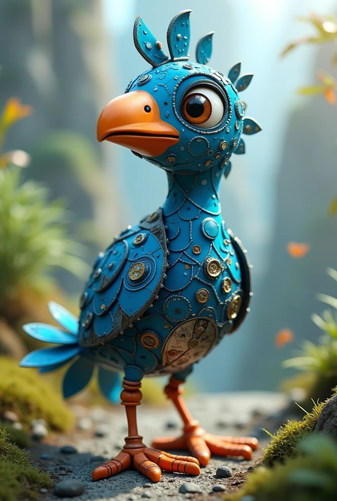 blue tilonorinco bird made of recyclable things animated c