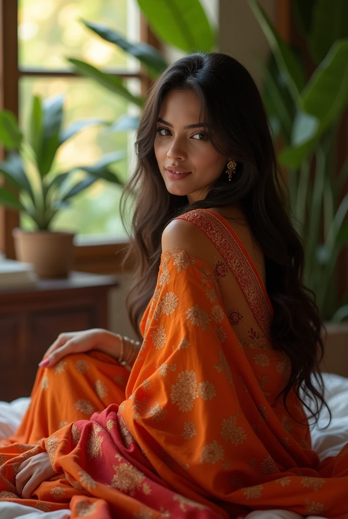 (photorealism:1.2), beautiful bhabhi , sitting on bed, wearing hot saree, showing blause nipple cleavage , long straight hair, indoors, soft lighting, plants in background, window with sunlight, cozy room, relaxed pose, realistic, intricate details, warm colors,