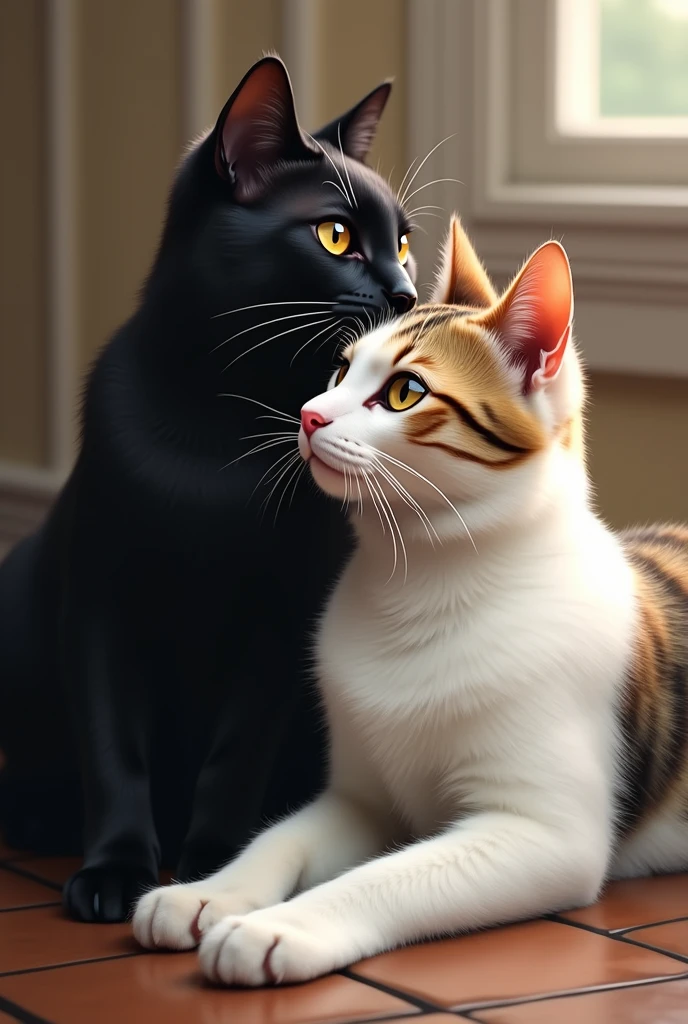 Black cat and tabby cat with white 
