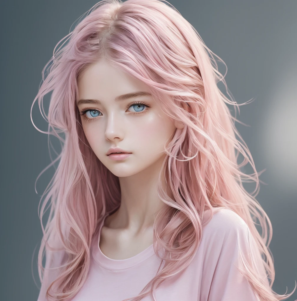 (masterpiece),(best quality:1.1),(ultra-detailed),best illustration,finely detail,(portrait:1.1),(intense close-up),watercolor drawing)floating,1girl,solo,,slim,(extremely delicate and beautiful face),(detailed pink eyes),pink thick lips,(disheveled hair),(wearing a baggy T-shirt),soft and lazy,(simple background:1.2)whole colored background,clear,4K