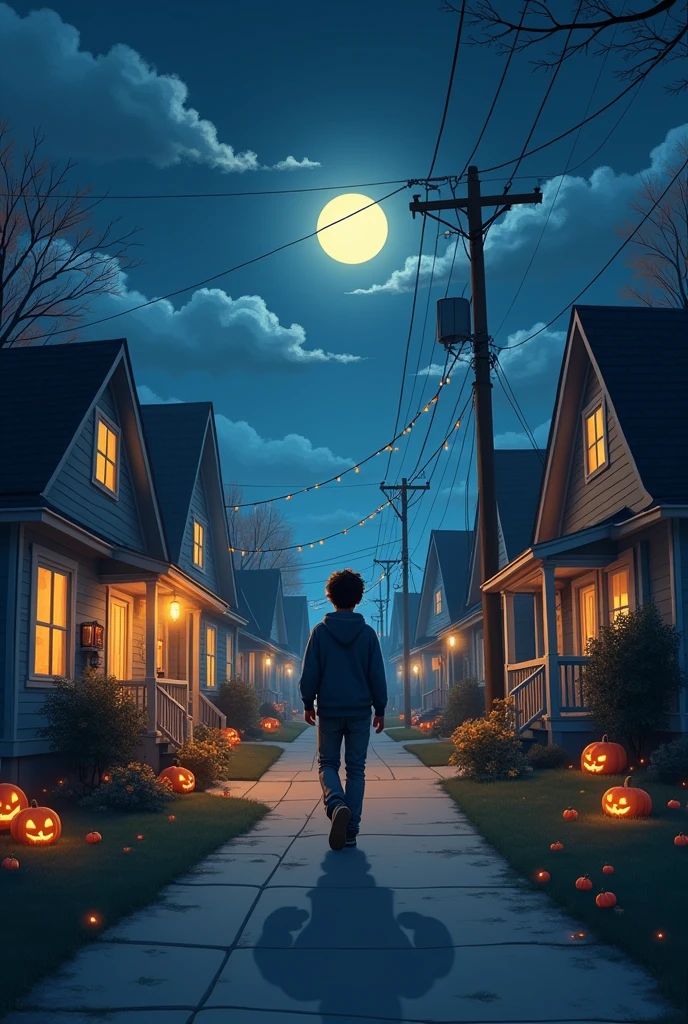 prompt (Spanish): Mateo walks down the street, with the moonlight illuminating their path. The houses are decorated with night decorations.
prompt (English): Mateo walking down the street, illuminated by moonlight. The houses are adorned with nighttime decorations.