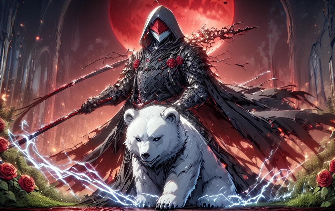 One man with a white hood with bear ears and a katana sits next to a polar bear in a forest while the blood moon shines, many Roses cover the ground and lightning falls from the sky. The man wears a red blindfold.