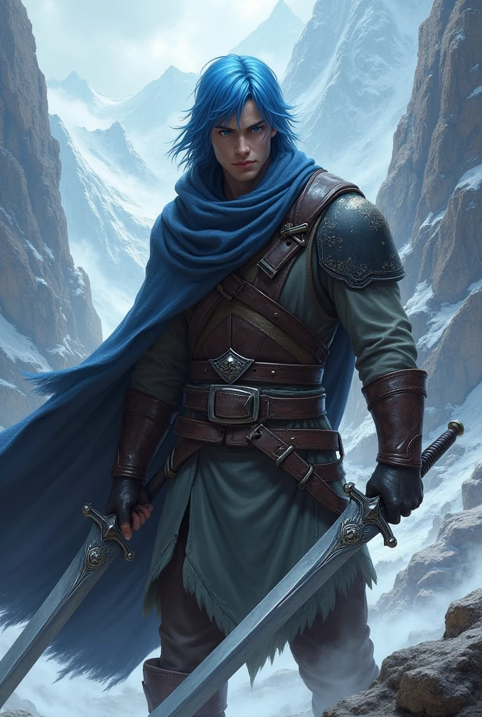 half-elf male warrior with hood and short blue hair