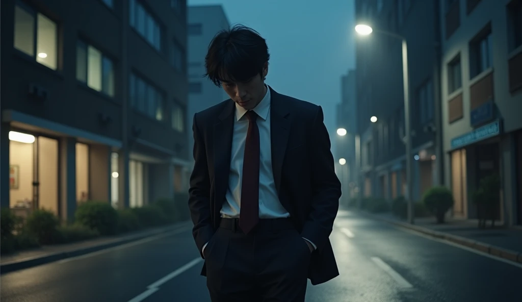 A Japanese salaryman leaving work after finishing overtime. The scene is realistic, depicting him exiting an office building late at night. The salaryman, dressed in a suit, looks tired as he steps out into the quiet night streets. The background shows dark office windows and an empty street, capturing the stillness of the late hour