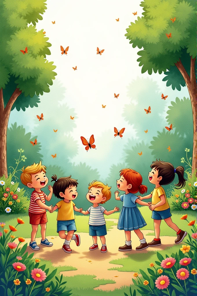Drawing of children living together at school and enjoying themselves (garden)